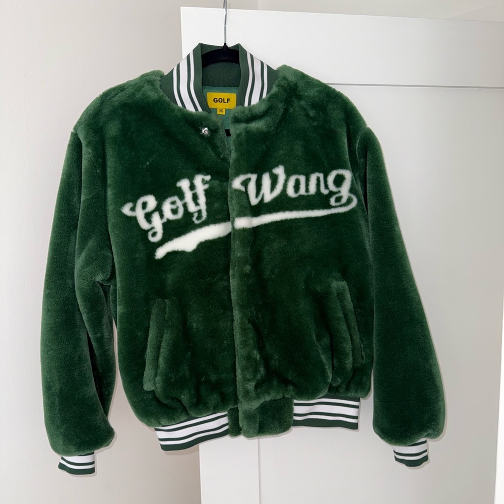 Golf Wang Green Faux Fur Coat with Striped Collar
